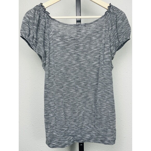 Carol Rose Top Short Sleeve Ruffle Smocked Blouse Gray Large Peasant Boho Summer - Picture 2 of 5